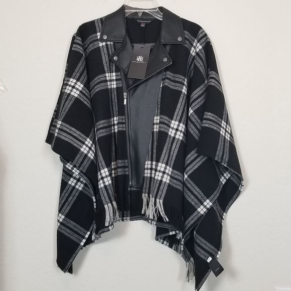 1 DAY SALE NEW ROCK & REPUBLIC Plaid Fringe Moto Biker Poncho Cape Jacket Shawl - Picture 9 of 13